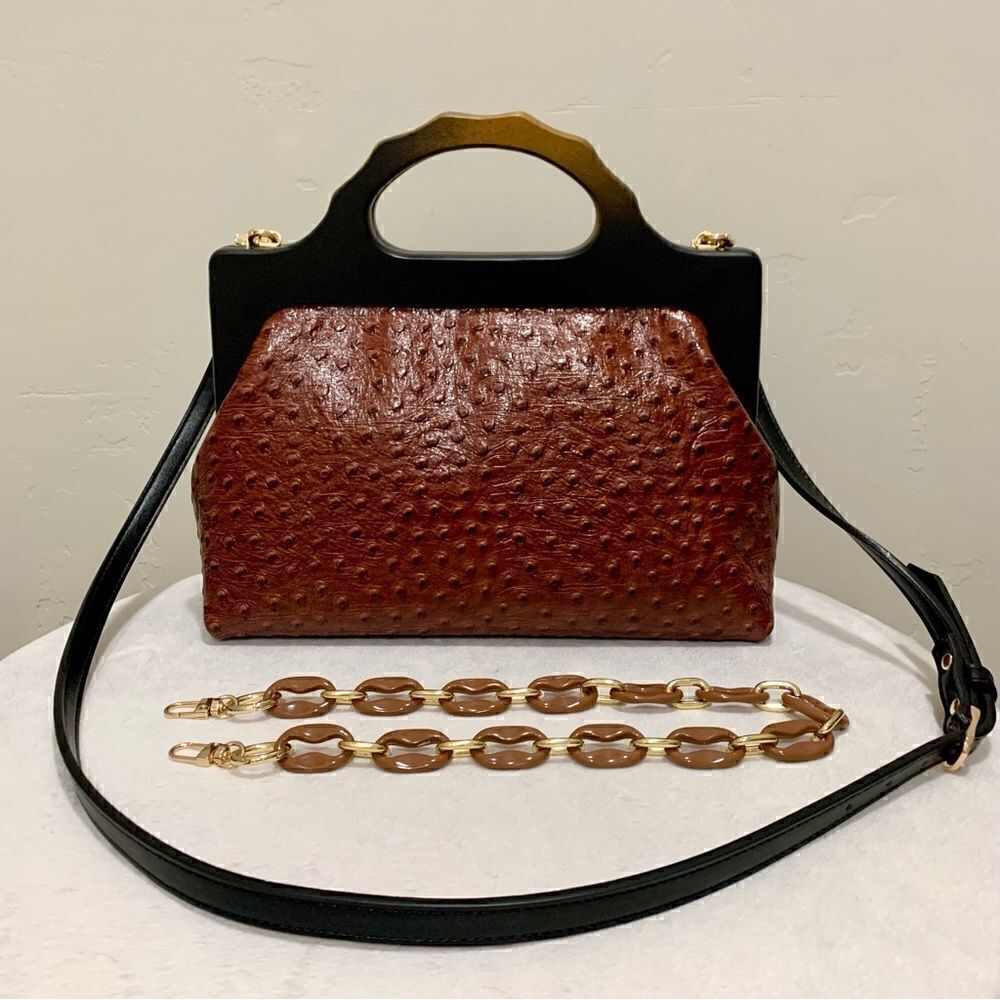 Handmade Genuine Ostrich Textured Cowhide, Wooden Frame Top Handle Satchel